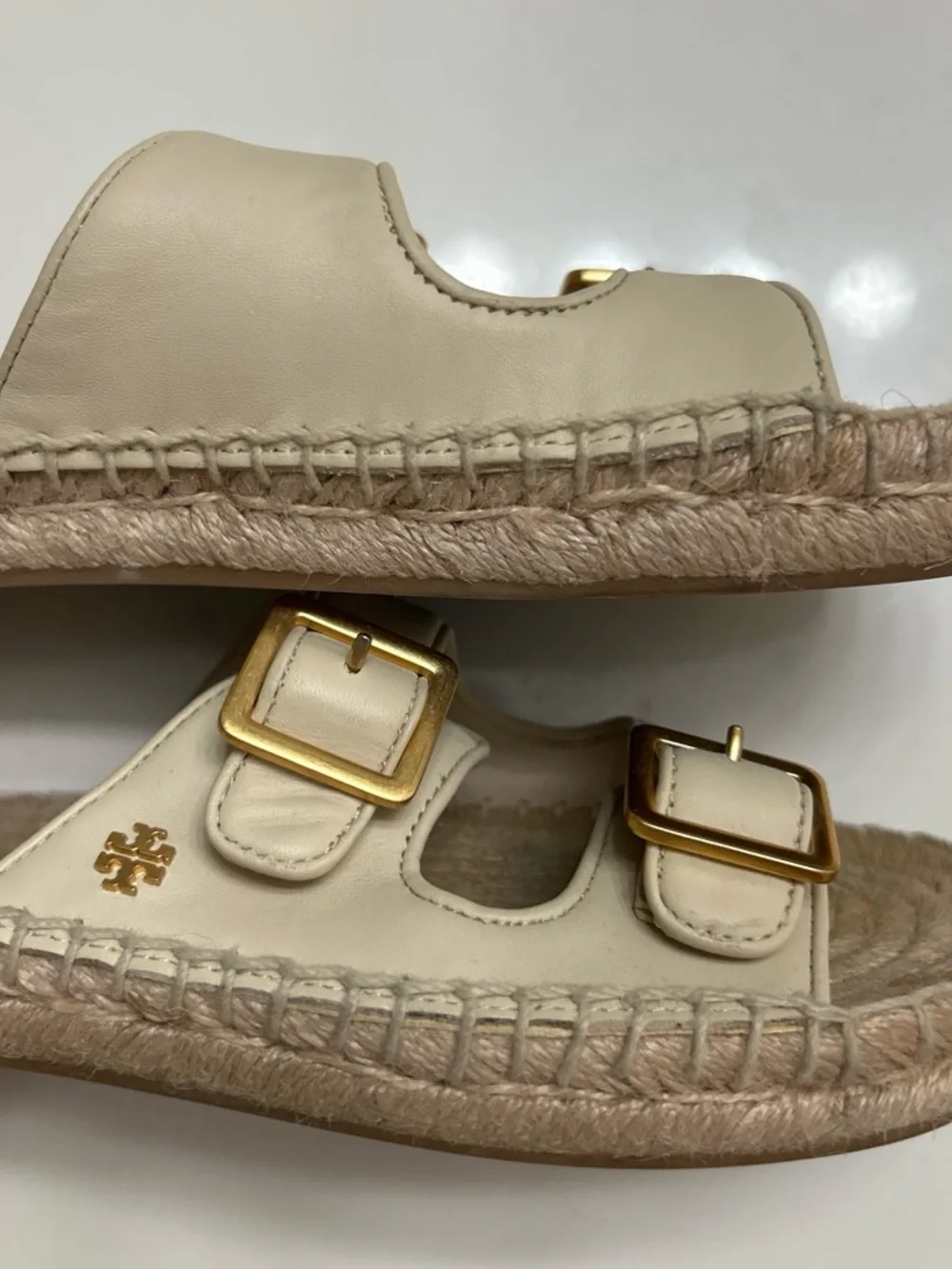 Tory Burch Cream Double-Strap Espadrille Slides with Gold Buckles
